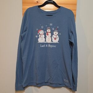 Life is Good Crusher Tee Womens Large Blue Let‎ It Snow Snowman Long Sleeve